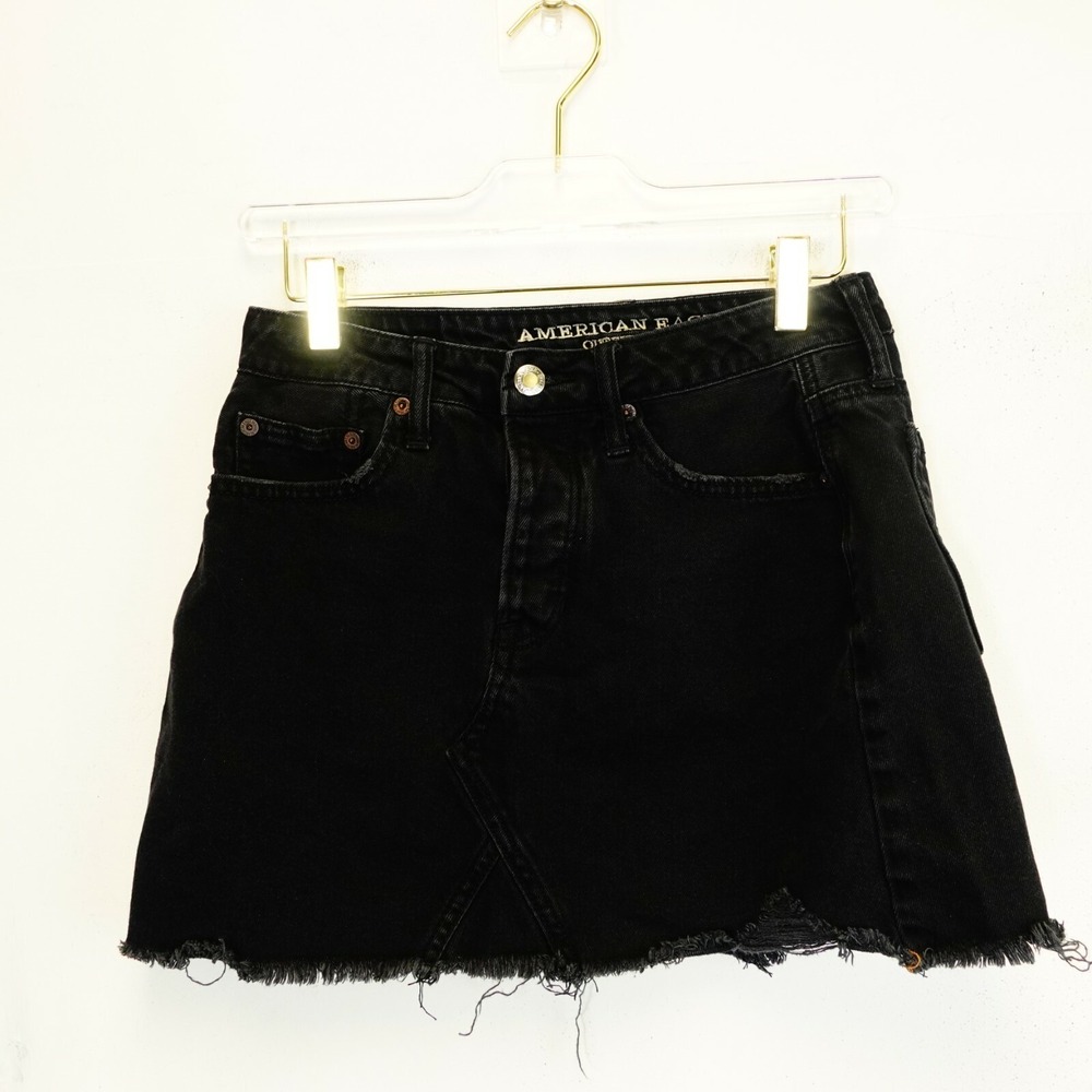 AMERICAN EAGLE OUTFITTERS Button Fly Mini Skirt XS Black Raw Hem Edgy Punk Rock - Picture 1 of 8